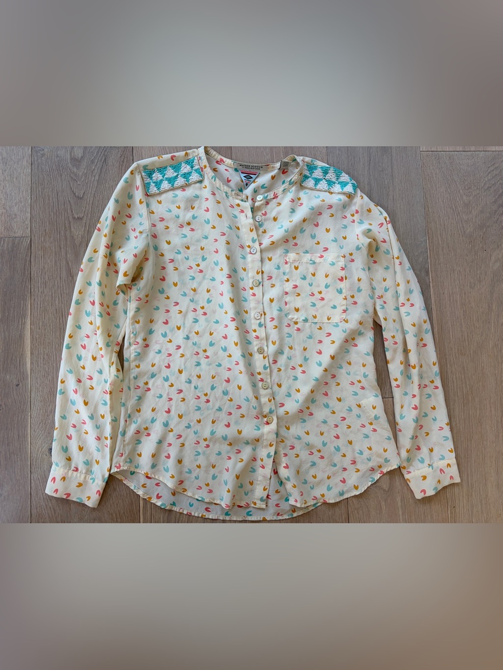 MAISON SCOTCH 100% Silk Blouse Beaded Shoulders Yellow Aqua Mod Boho top Sz 4